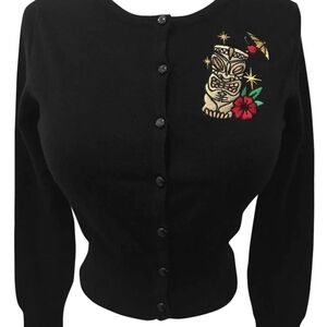 Double Trouble Sz Small Golden Tiki Black Cardigan with Embroidered Design